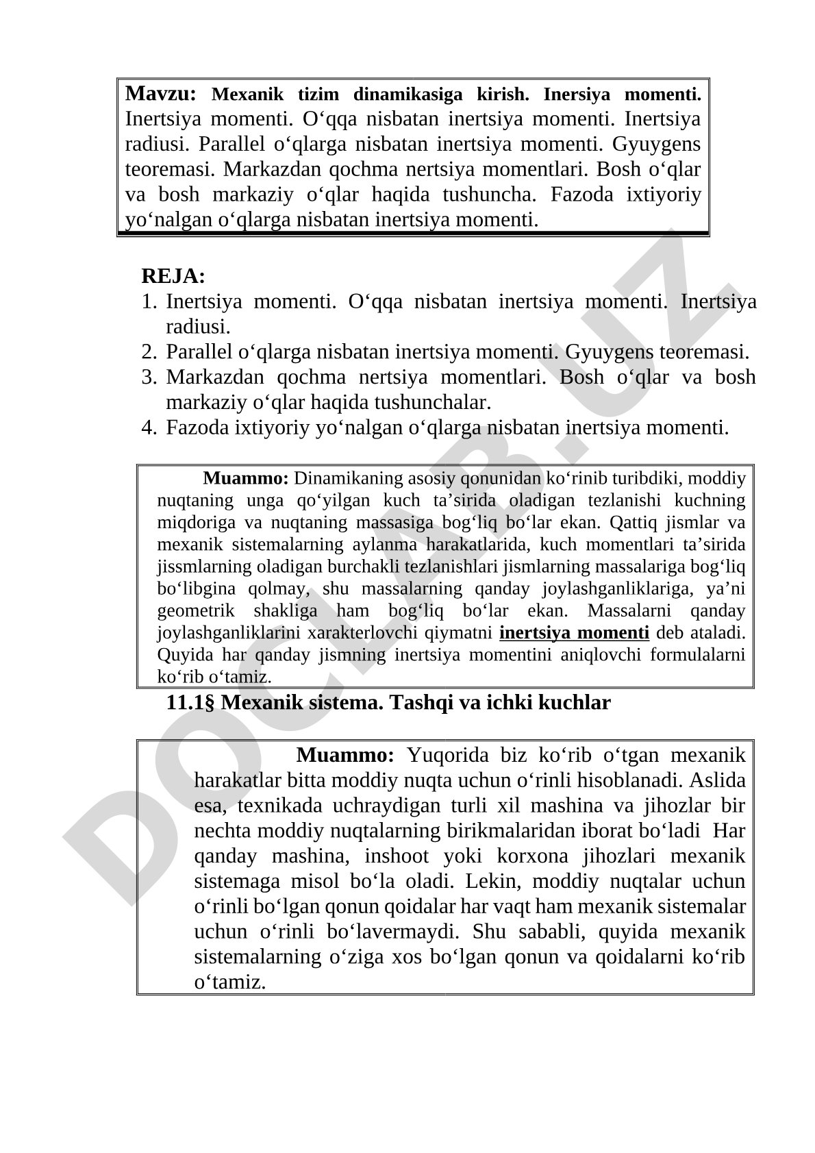 Mexanik tizim dinamikasiga kirish. Inersiya momenti