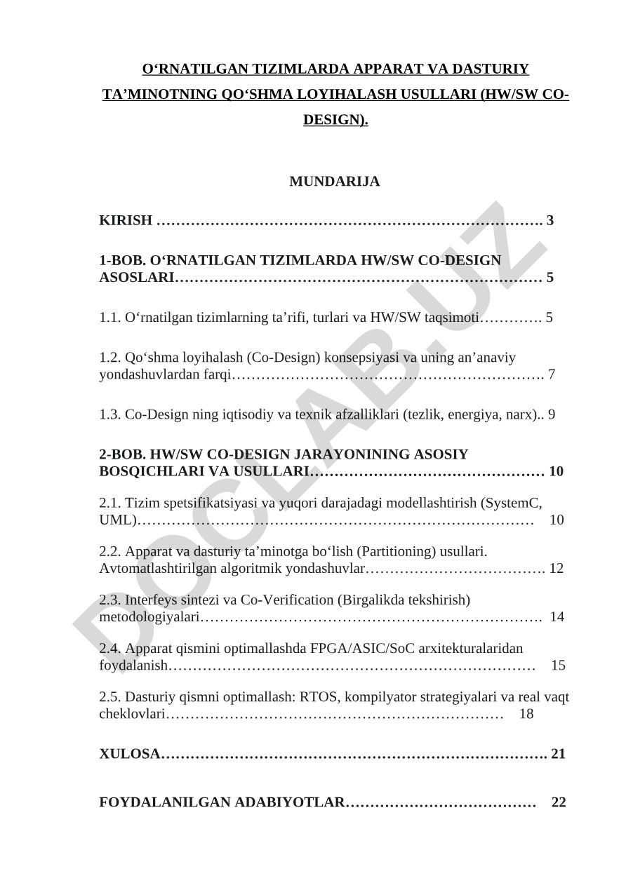 O‘rnatilgan tizimlarda apparat va dasturiy ta’minotning qo‘shma loyihalash usullari (HW/SW Co-Design)