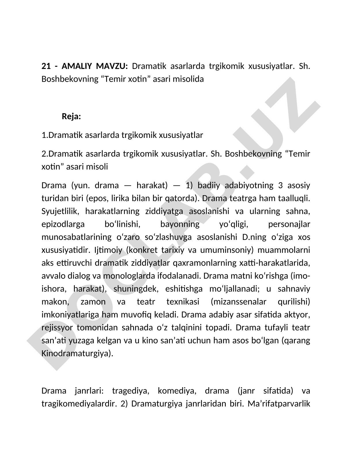 Dramatik asarlarda tragikomik xususiyatlar. Sh. Boshbekovning “Temir xotin” asari misolida