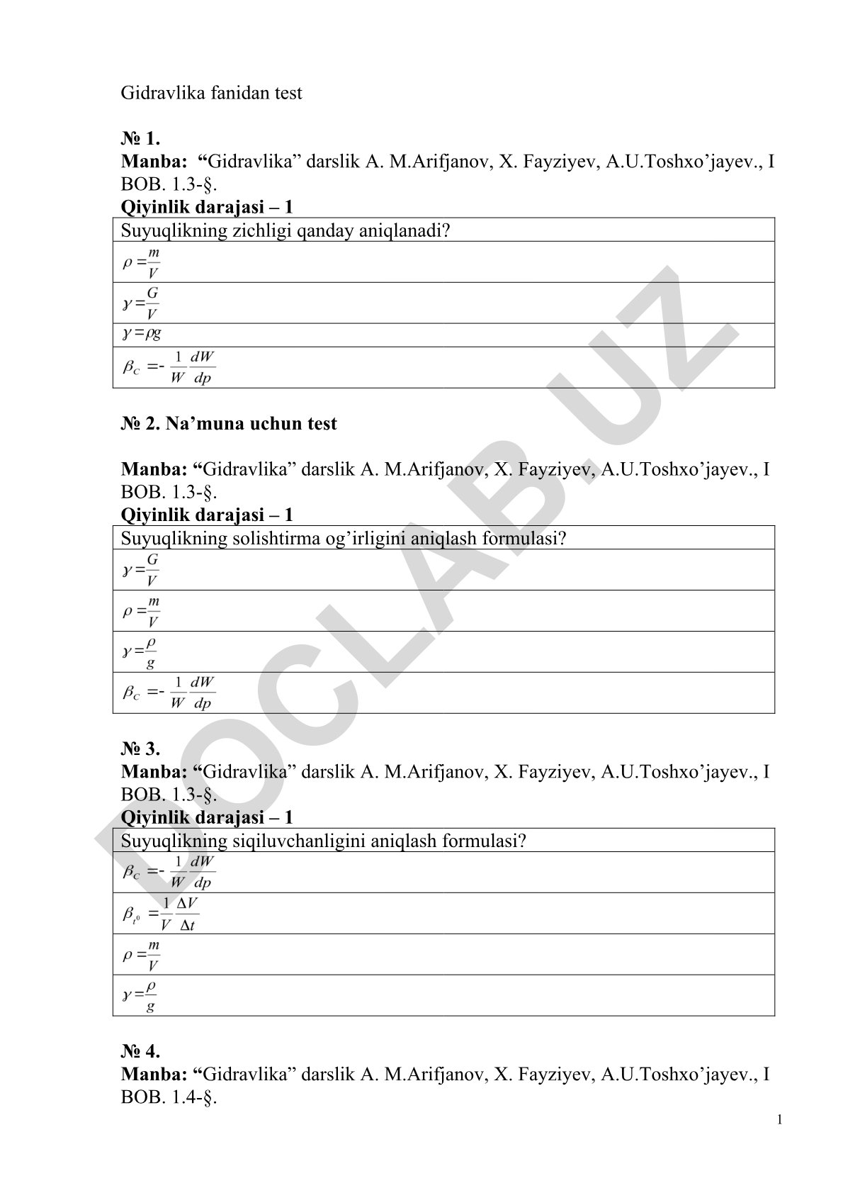 Gidravlika fanidan test № 1