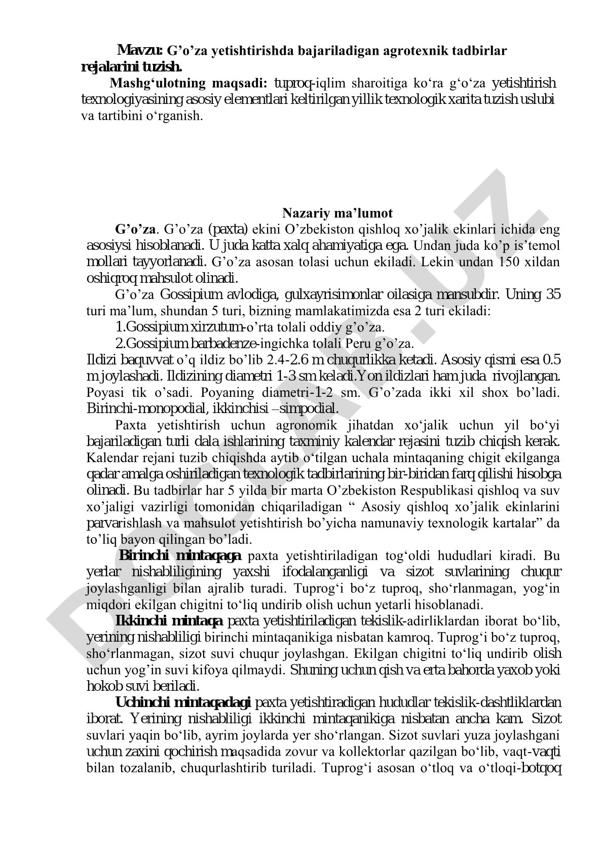 G'o'za yetishtirishda bajariladigan agrotexnik tadbirlar rejalarini tuzish