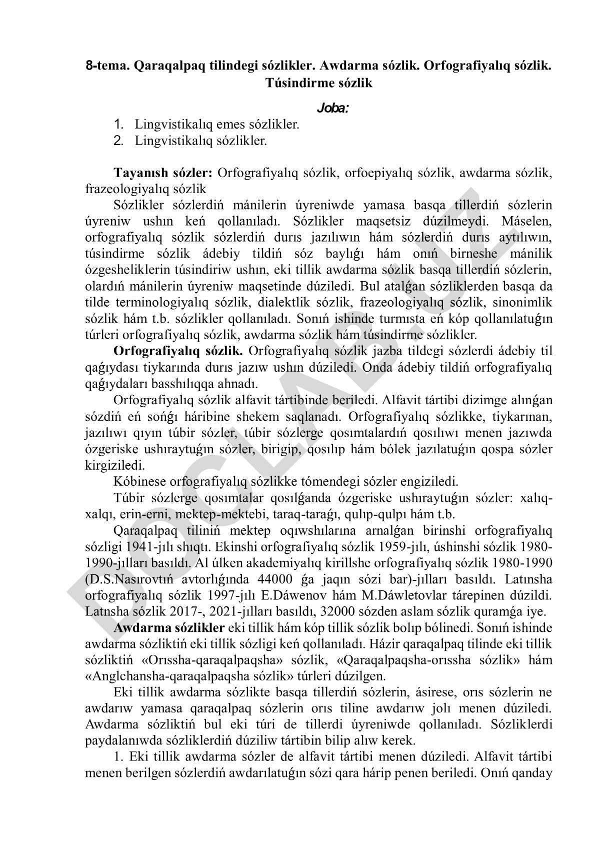 Qaraqalpaq tilindegi sózlikler türleri hám qollanılıwı