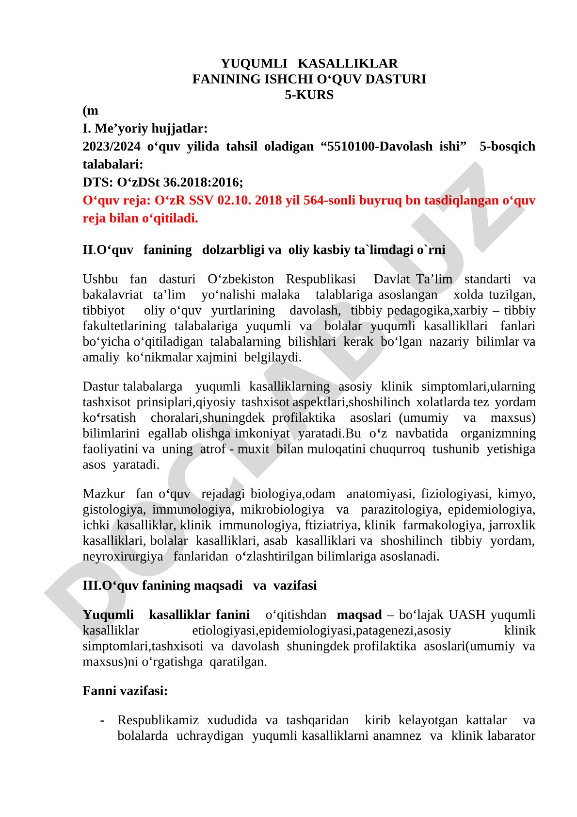 Yuqumli kasalliklar fanining ishchi o'quv dasturi 5-kurs