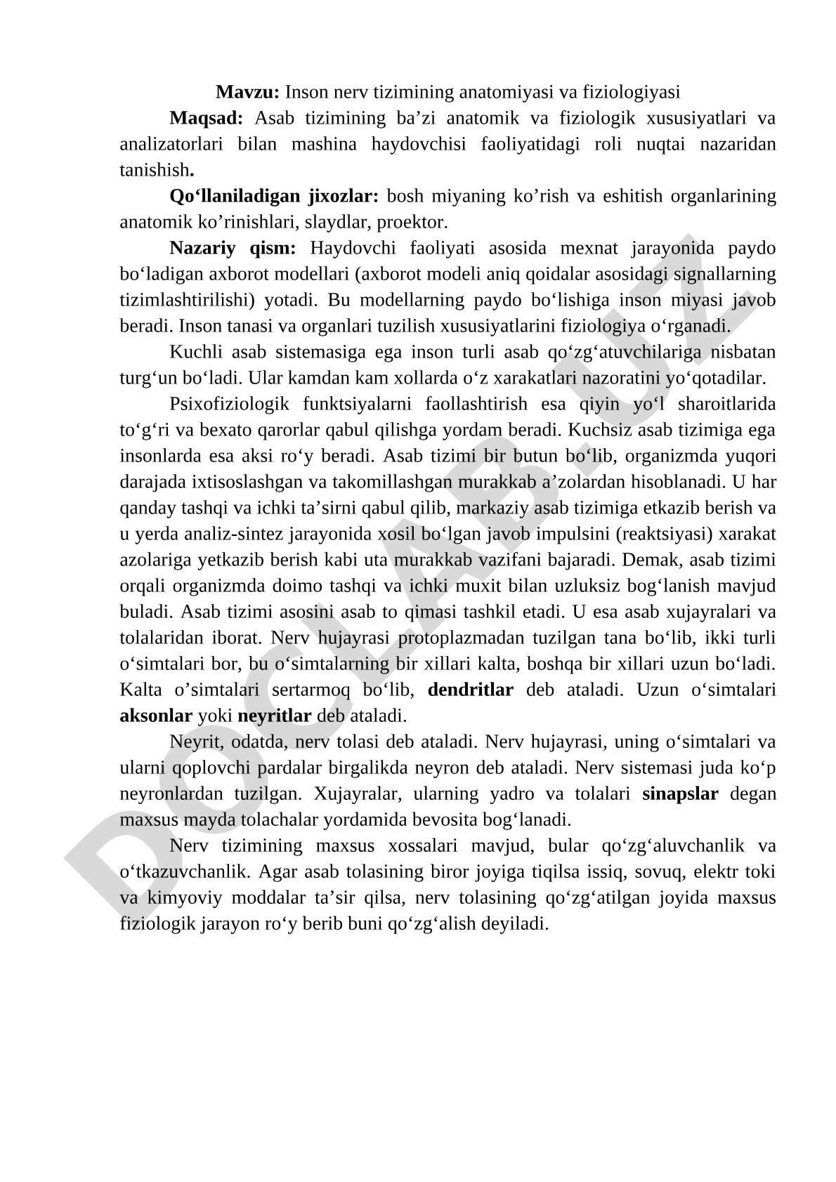 Inson nerv tizimining anatomiyasi va fiziologiyasi