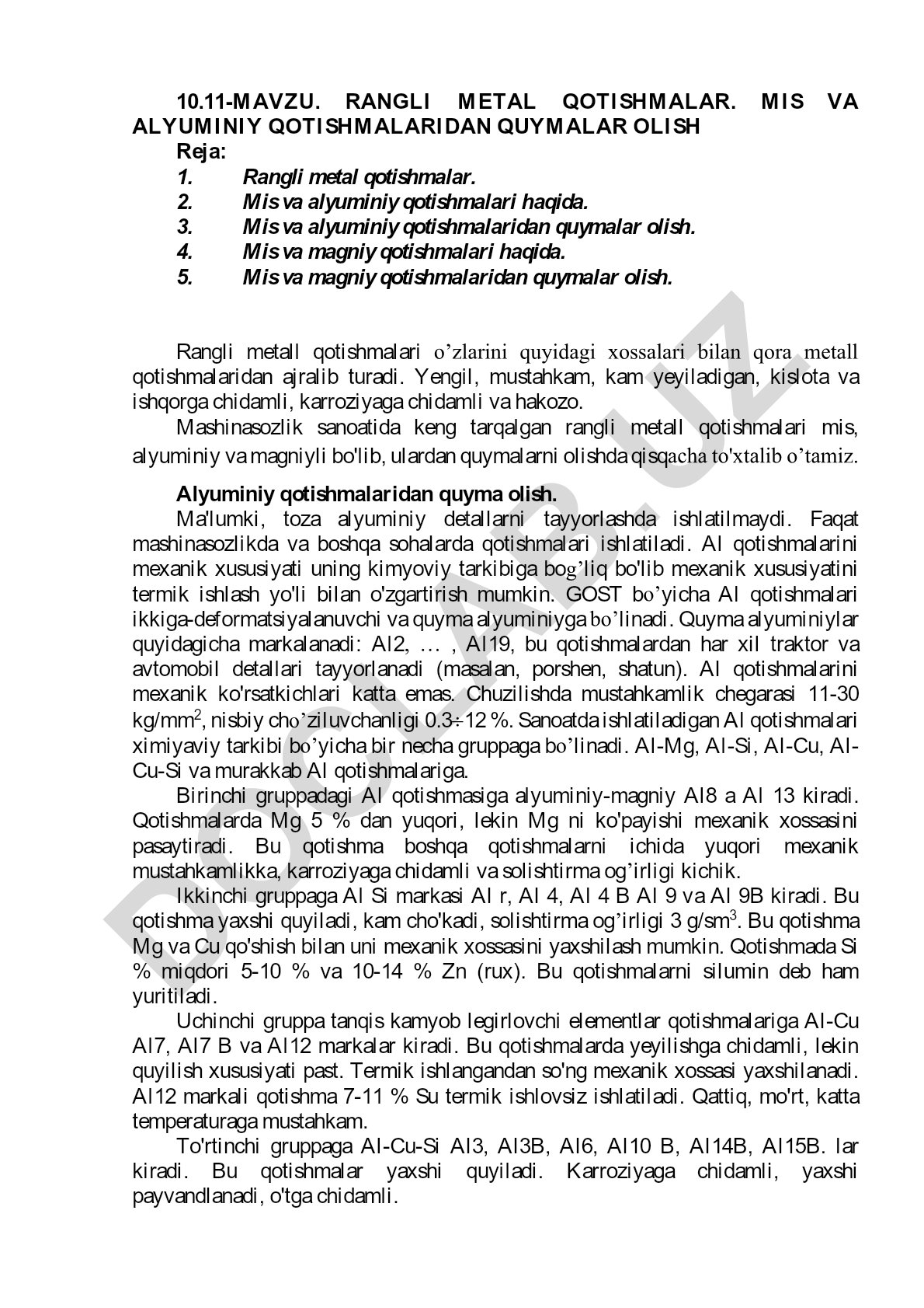Rangli metal qotishmalar, mis va alyuminiy qotishmalaridan quymalar olish