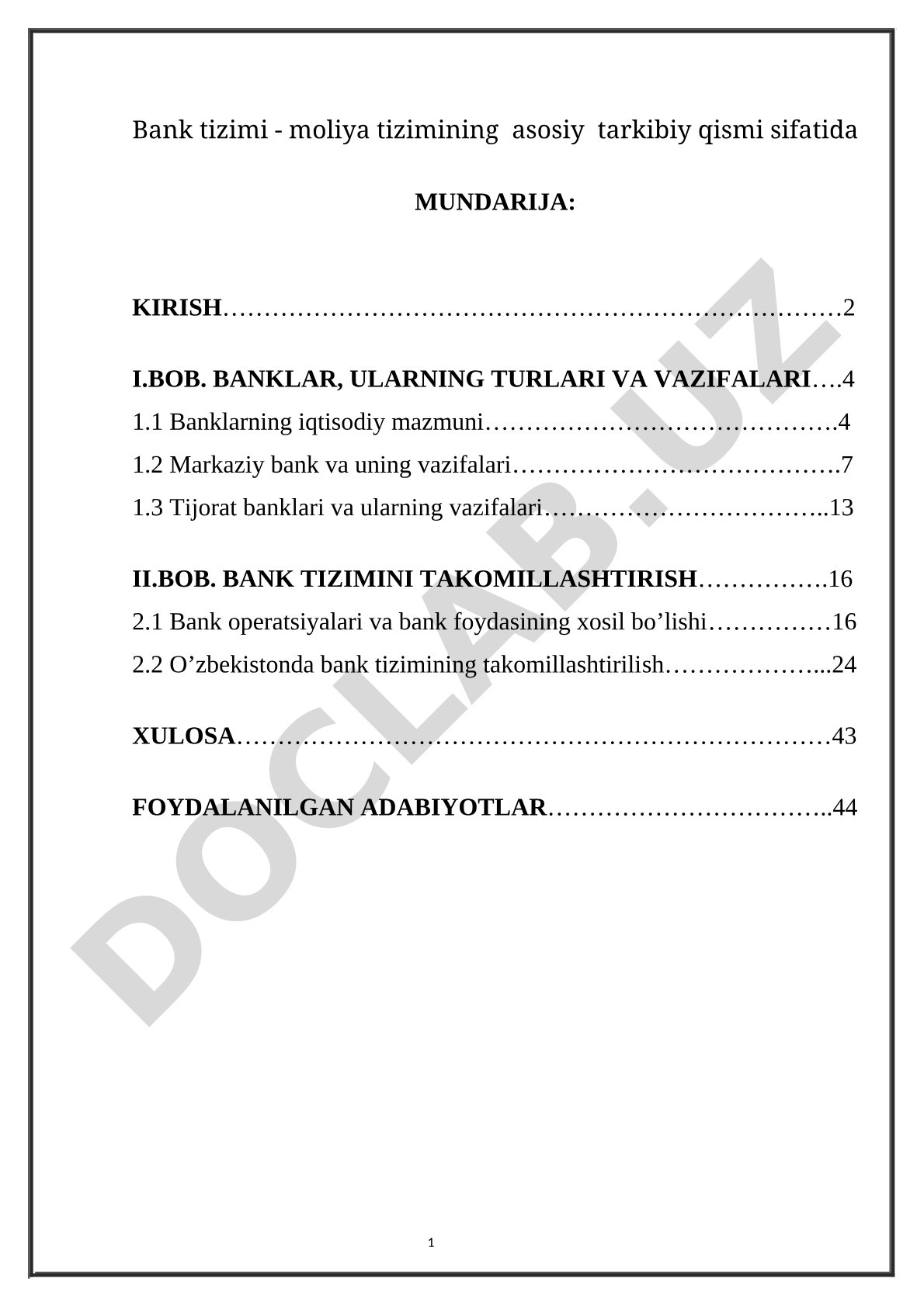 Bank tizimi - moliya tizimining asosiy tarkibiy qismi sifatida