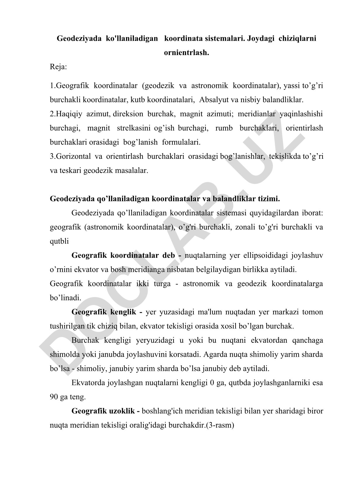 Geodeziyada koordinata sistemalari va joydagi chiziqlarni orientirlash