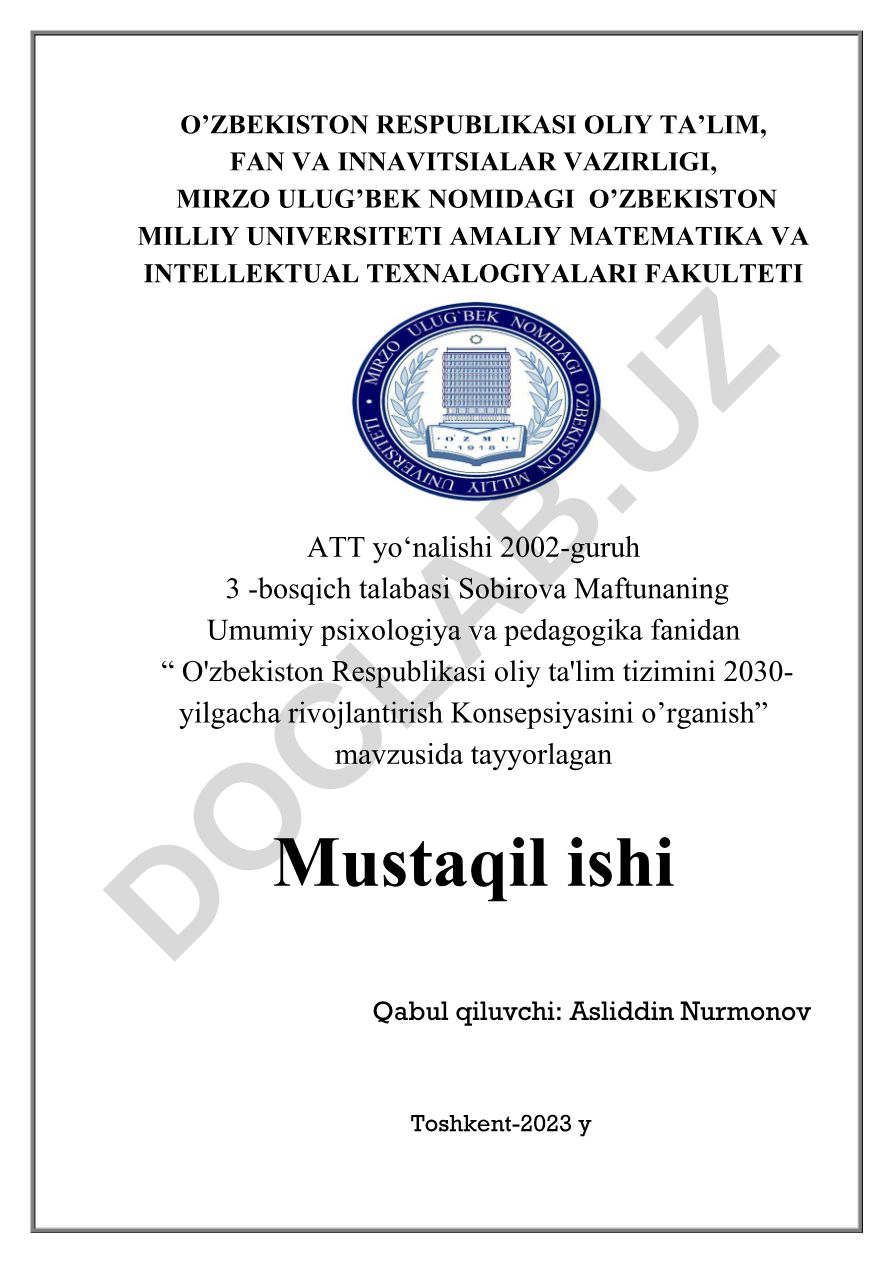 O'zbekiston Respublikasi oliy ta'lim tizimini 2030-yilgacha rivojlantirish Konsepsiyasini o'rganish