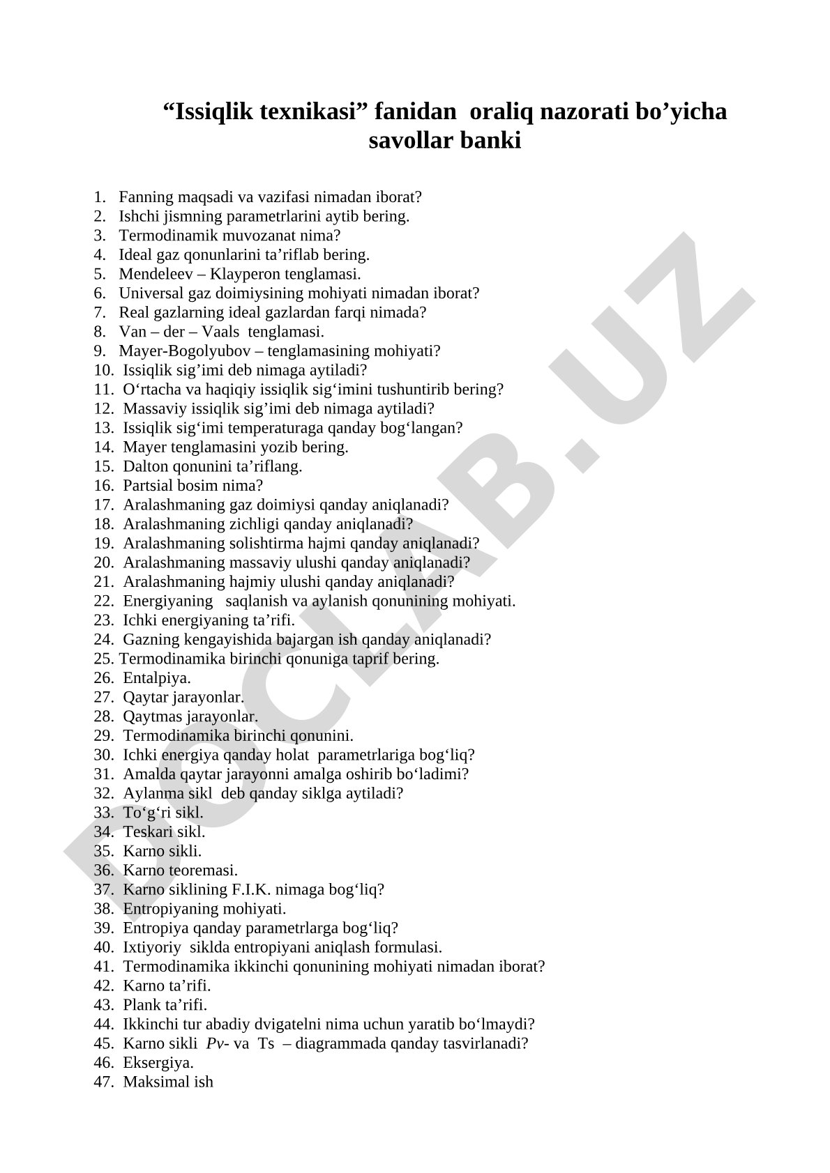 Issiqlik texnikasi fanidan oraliq nazorati savollar banki