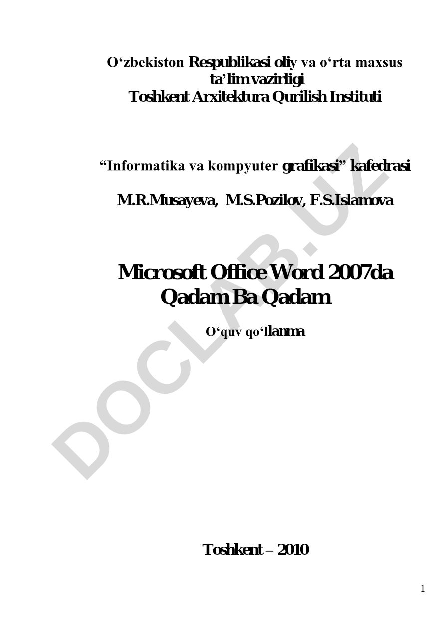 Microsoft Office Word 2007da Qadam Ba Qadam O'quv qo'llanma