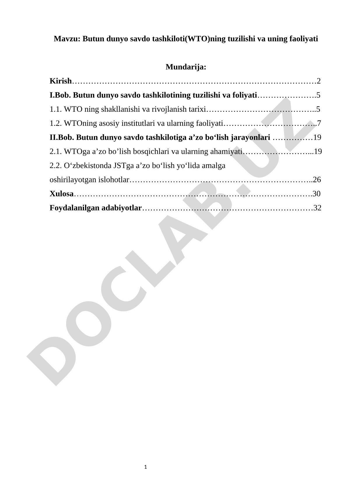 Butun dunyo savdo tashkiloti (WTO)ning tuzilishi va uning faoliyati