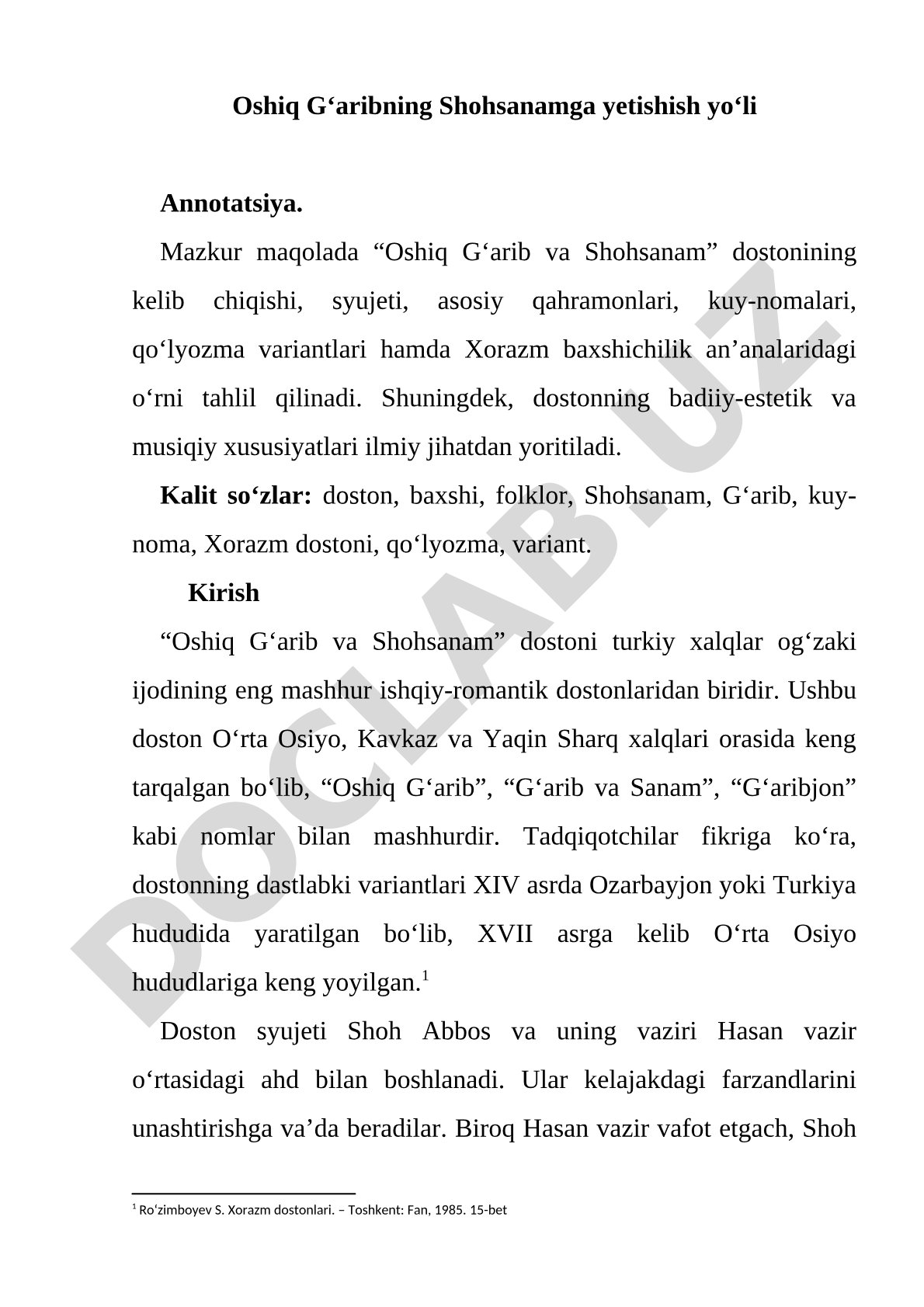 Oshiq G‘arib va Shohsanam dostonining tahlili