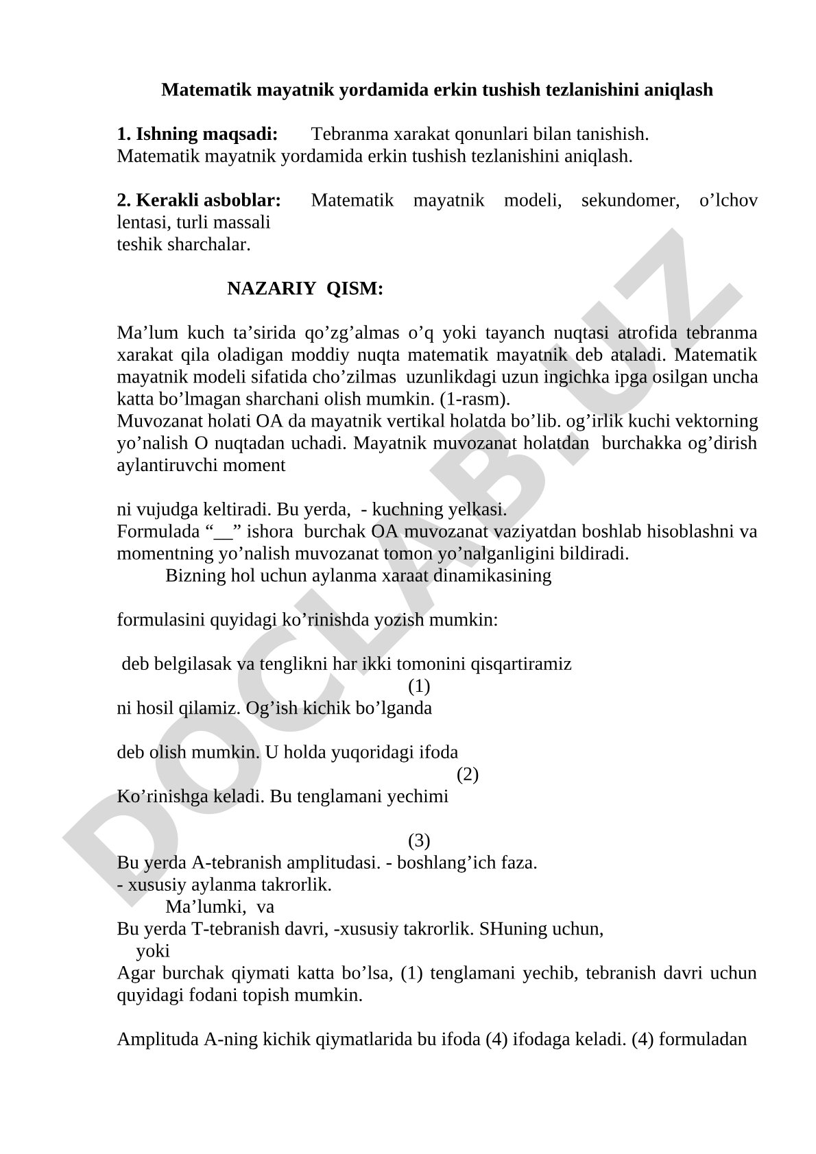 Matematik mayatnik yordamida erkin tushish tezlanishini aniqlash