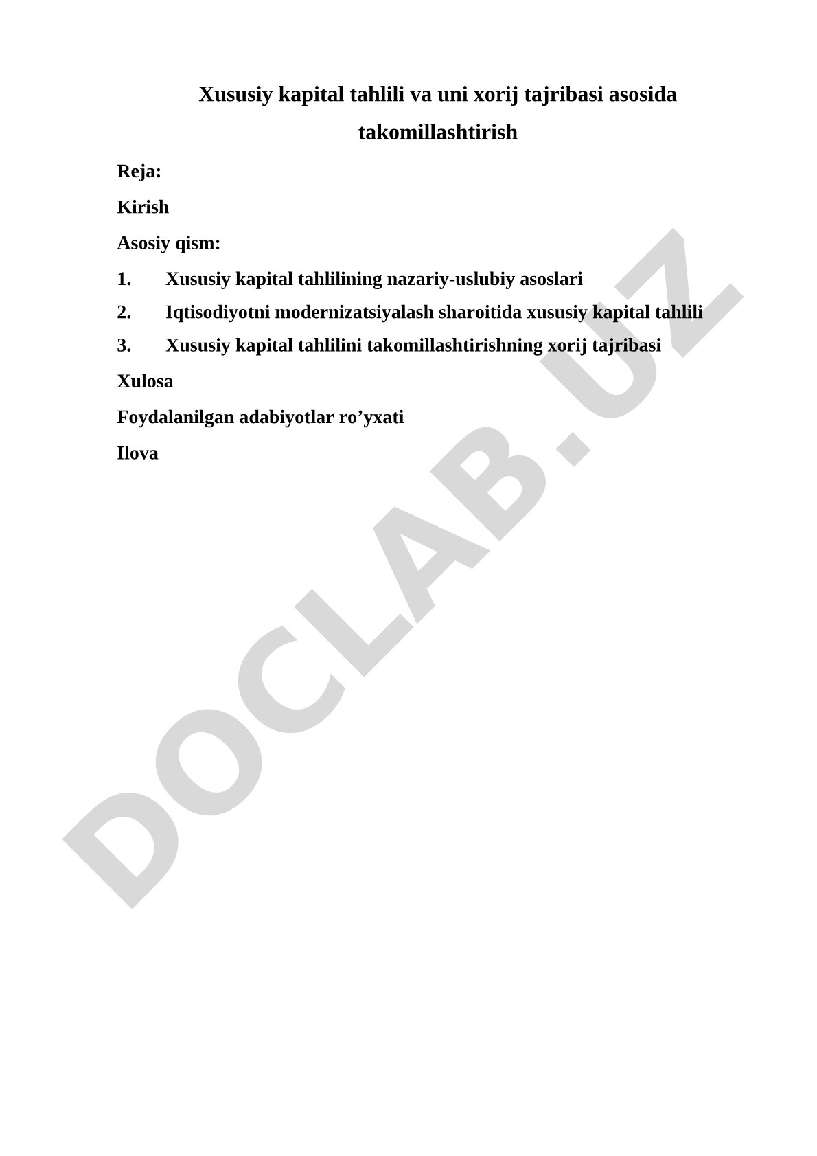 Xususiy kapital tahlili va uni xorij tajribasi asosida takomillashtirish