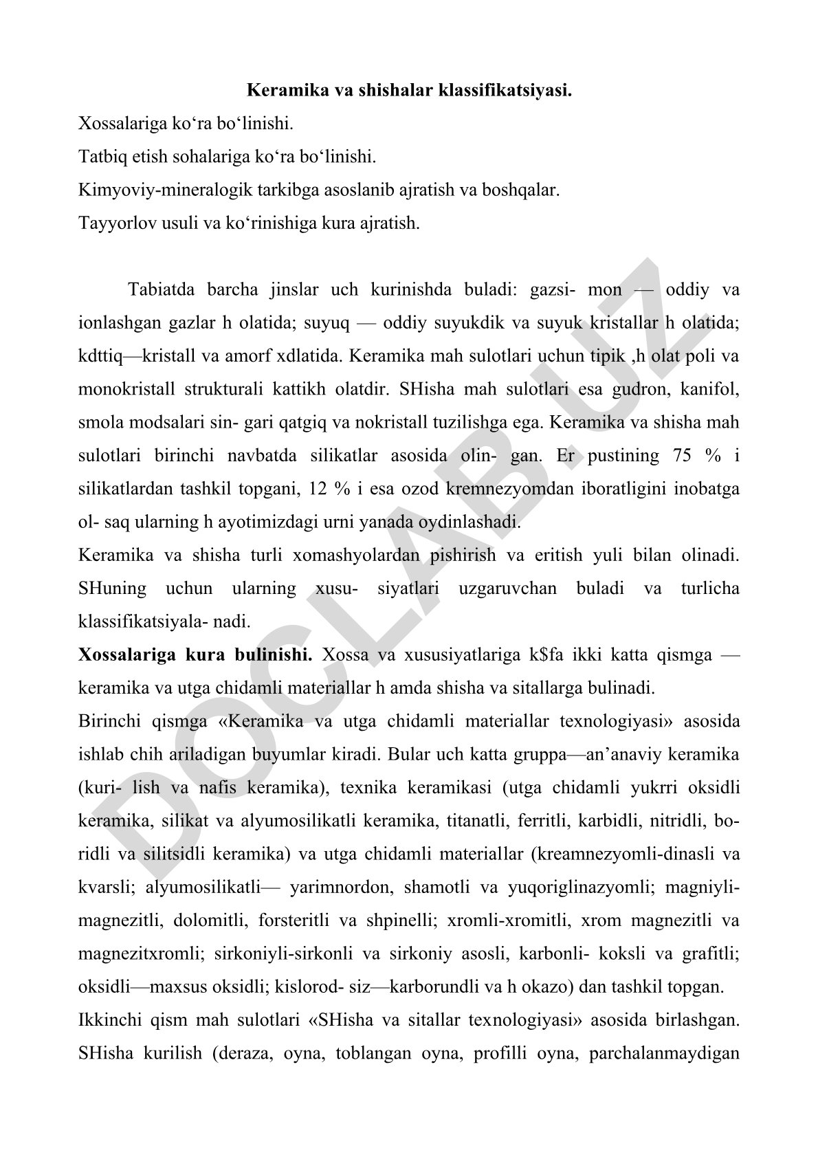 Keramika va shishalar klassifikatsiyasi va xossalari
