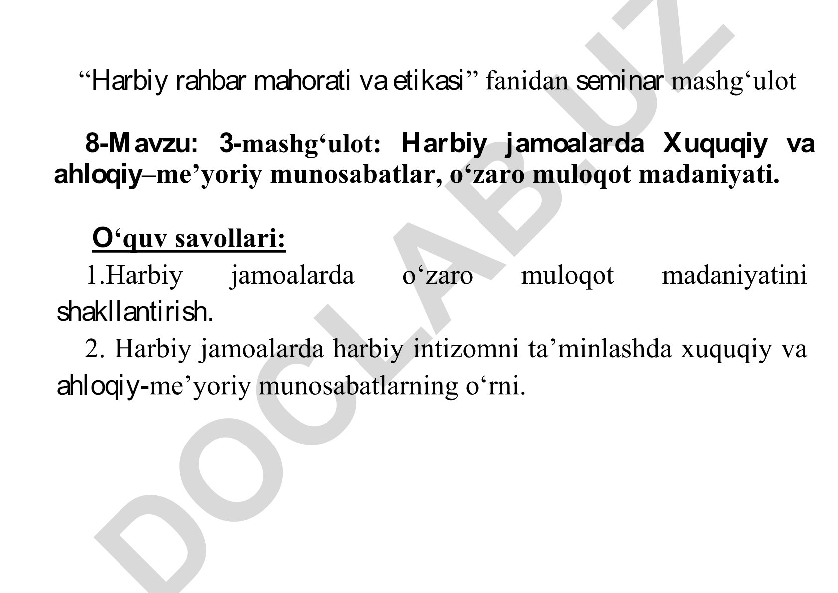 Harbiy jamoalarda huquqiy va axloqiy-me'yoriy munosabatlar, o'zaro muloqot madaniyati