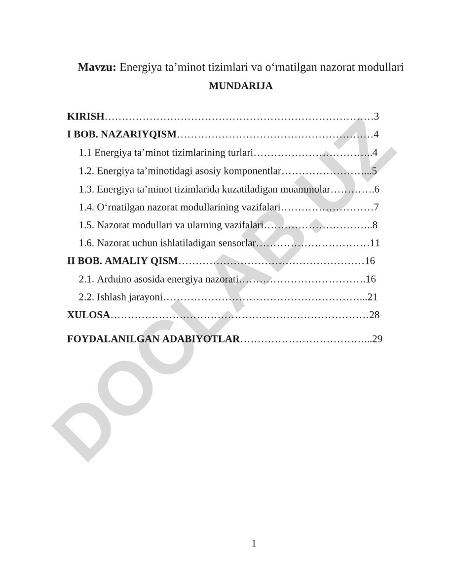 Energiya ta’minot tizimlari va o‘rnatilgan nazorat modullari