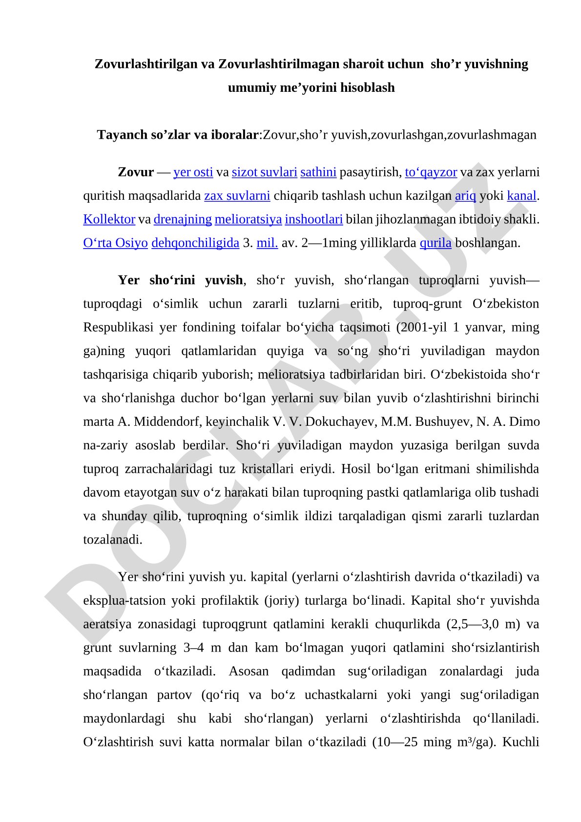 Zovurlashtirilgan va Zovurlashtirilmagan sharoit uchun sho’r yuvishning umumiy me’yorini hisoblash