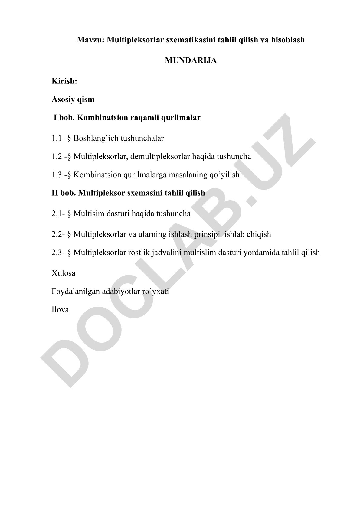 Multipleksorlar sxematikasini tahlil qilish va hisoblash