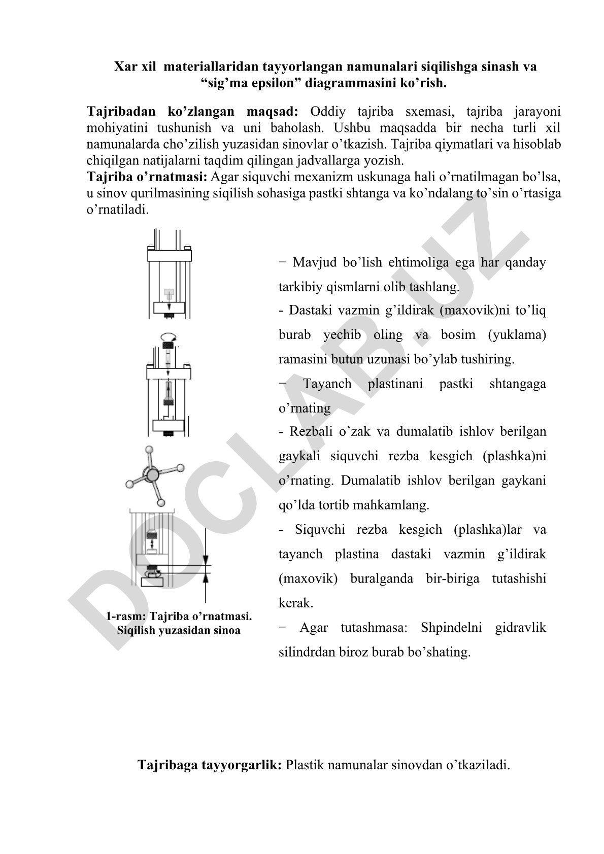Materiallarning siqilish sinovi va sig'ma epsilon diagrammasi