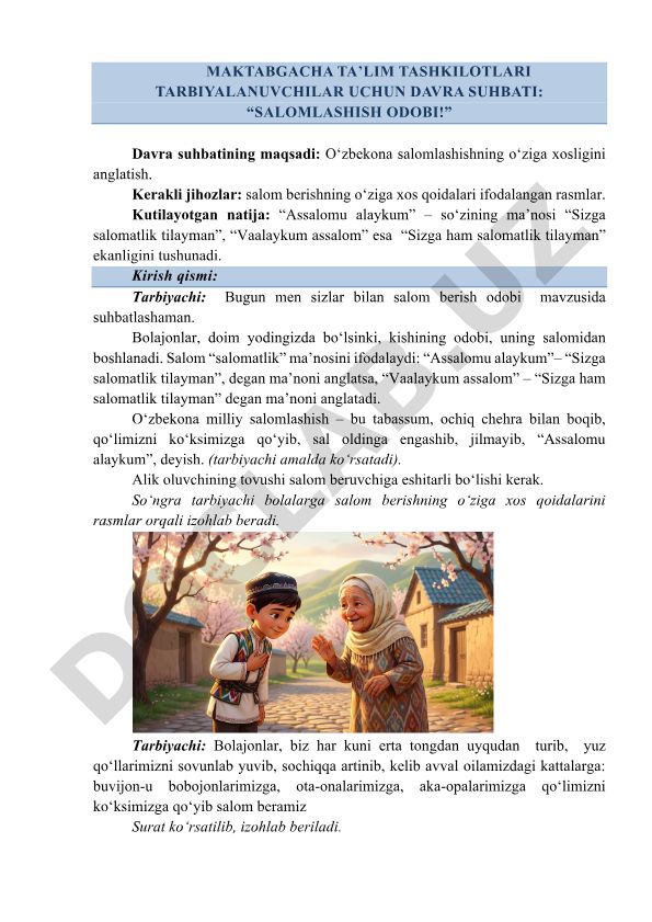 Maktabgacha taʼlim tashkilotlari tarbiyalanuvchilari uchun davra suhbati: Salomlashish odobi