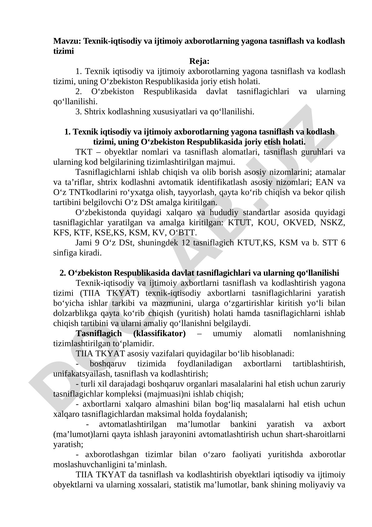 Texnik-iqtisodiy va ijtimoiy axborotlarning yagona tasniflash va kodlash tizimi