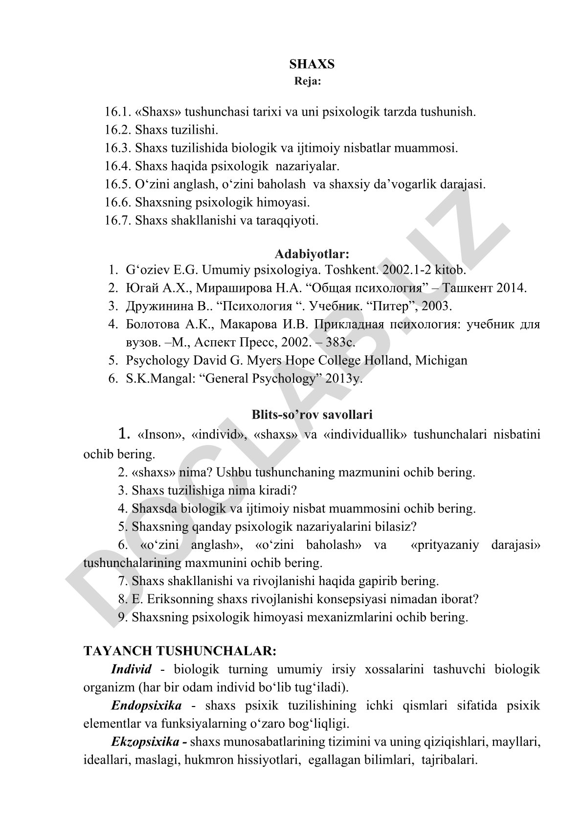 Shaxs tushunchasi, tuzilishi va psixologik nazariyalari