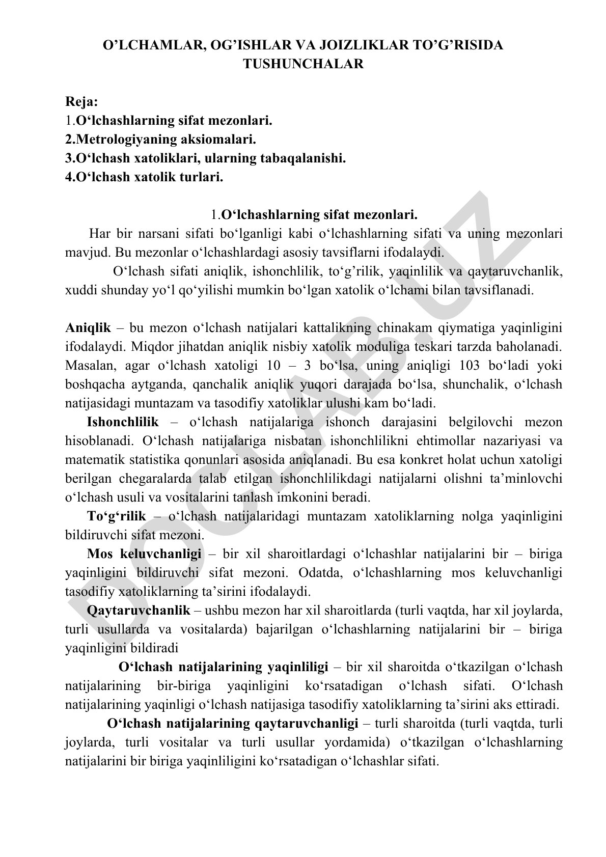 O'lchashlarning sifat mezonlari va xatolik turlari