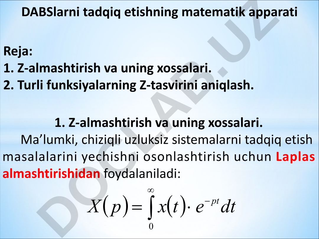 DABSlarni tadqiq etishning matematik apparati