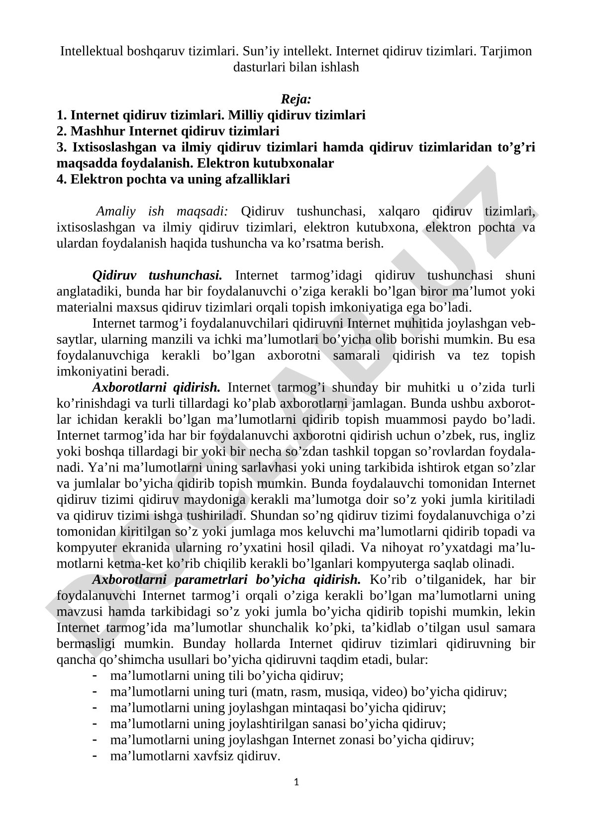 Intellektual boshqaruv tizimlari. Sun’iy intellekt. Internet qidiruv tizimlari. Tarjimon dasturlari bilan ishlash