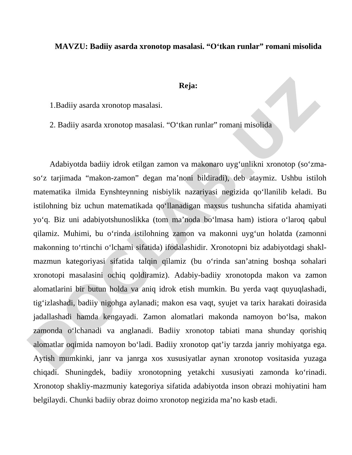 Badiiy asarda xronotop masalasi. “O‘tkan runlar” romani misolida