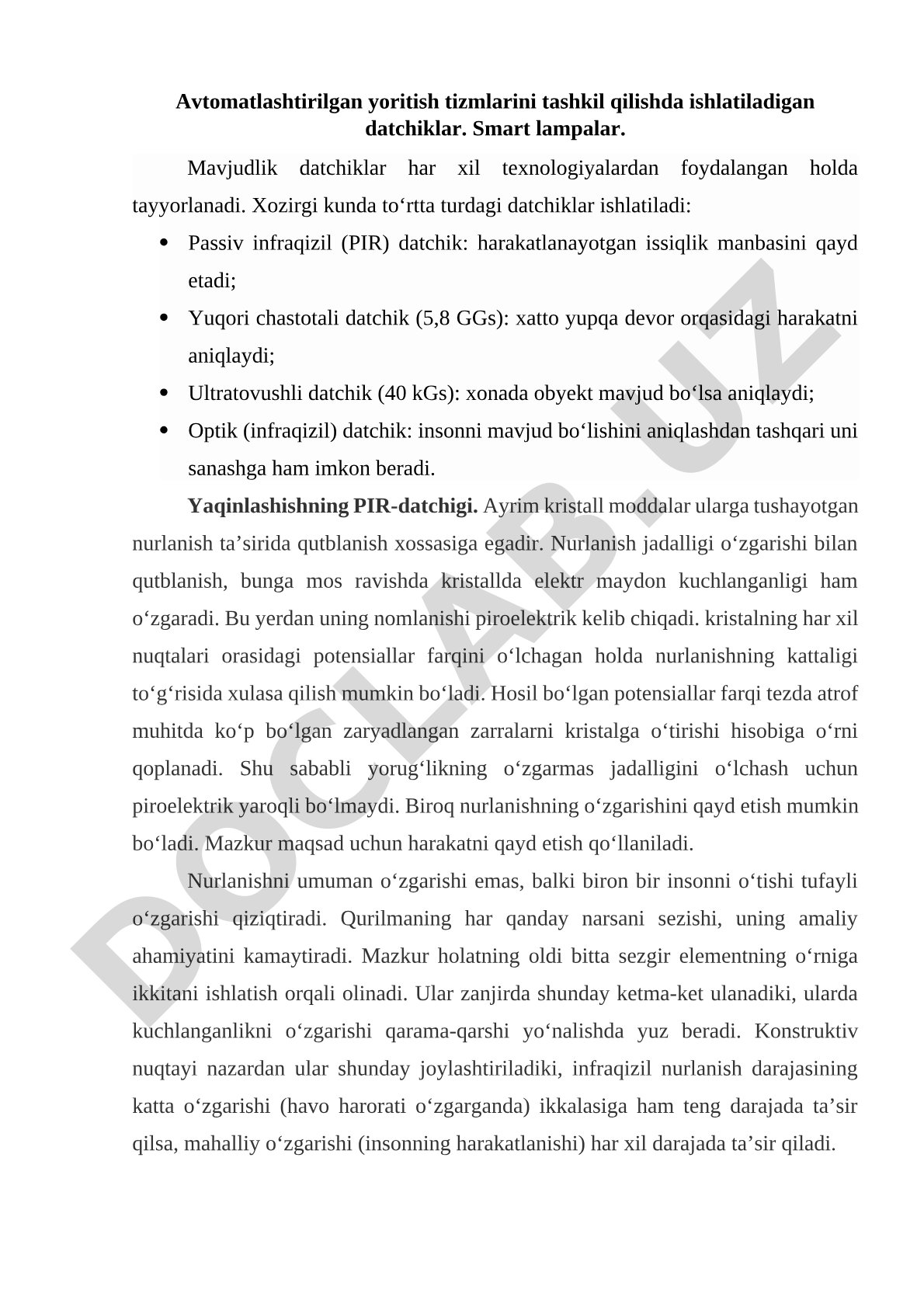 Avtomatlashtirilgan yoritish tizimlarida ishlatiladigan datchiklar