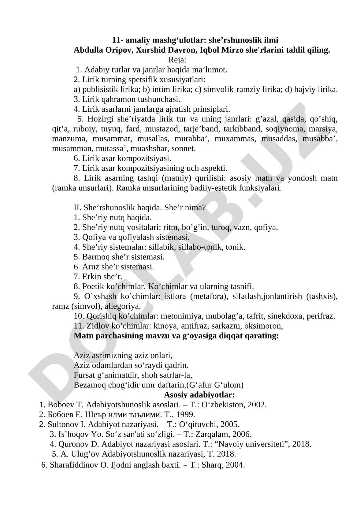 She'rshunoslik ilmi: lirik janrlar va she'riy vositalar