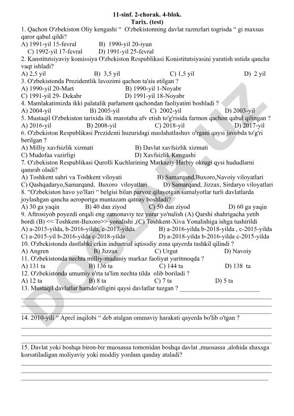 O'zbekiston tarixi test savollari