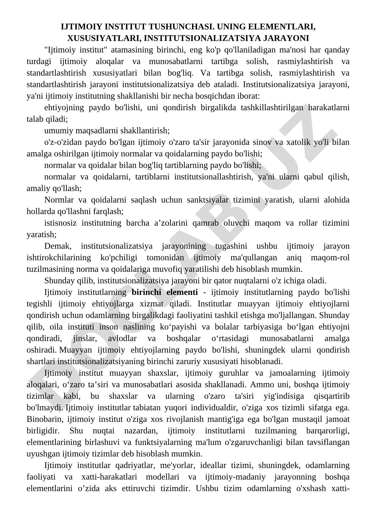 Ijtimoiy institut tushunchasi, uning elementlari, xususiyatlari, institutsionalizatsiya jarayoni