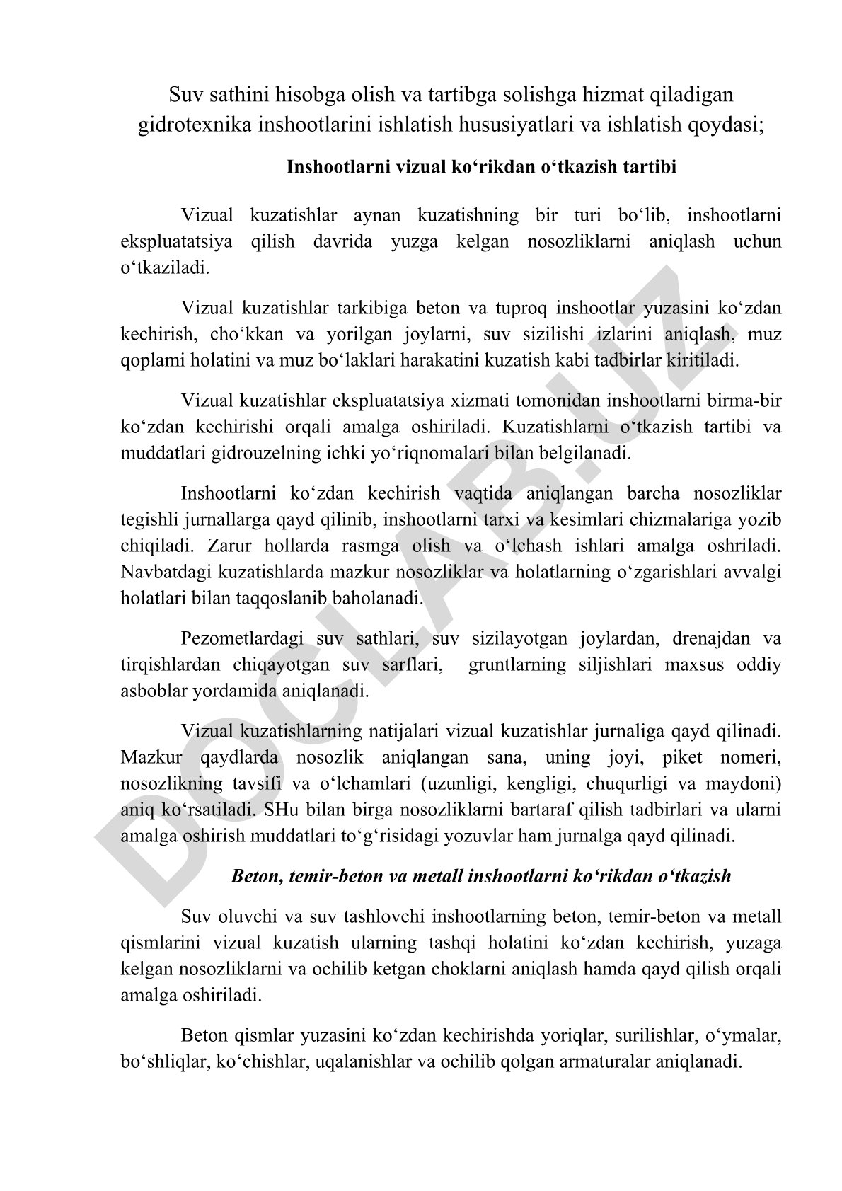Gidrotexnika inshootlarini ishlatish hususiyatlari va vizual kuzatishlar tartibi