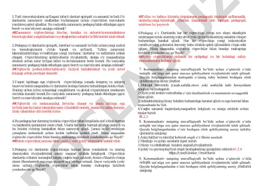 Zamonaviy pedagogning vazifalari va mas'uliyatlari