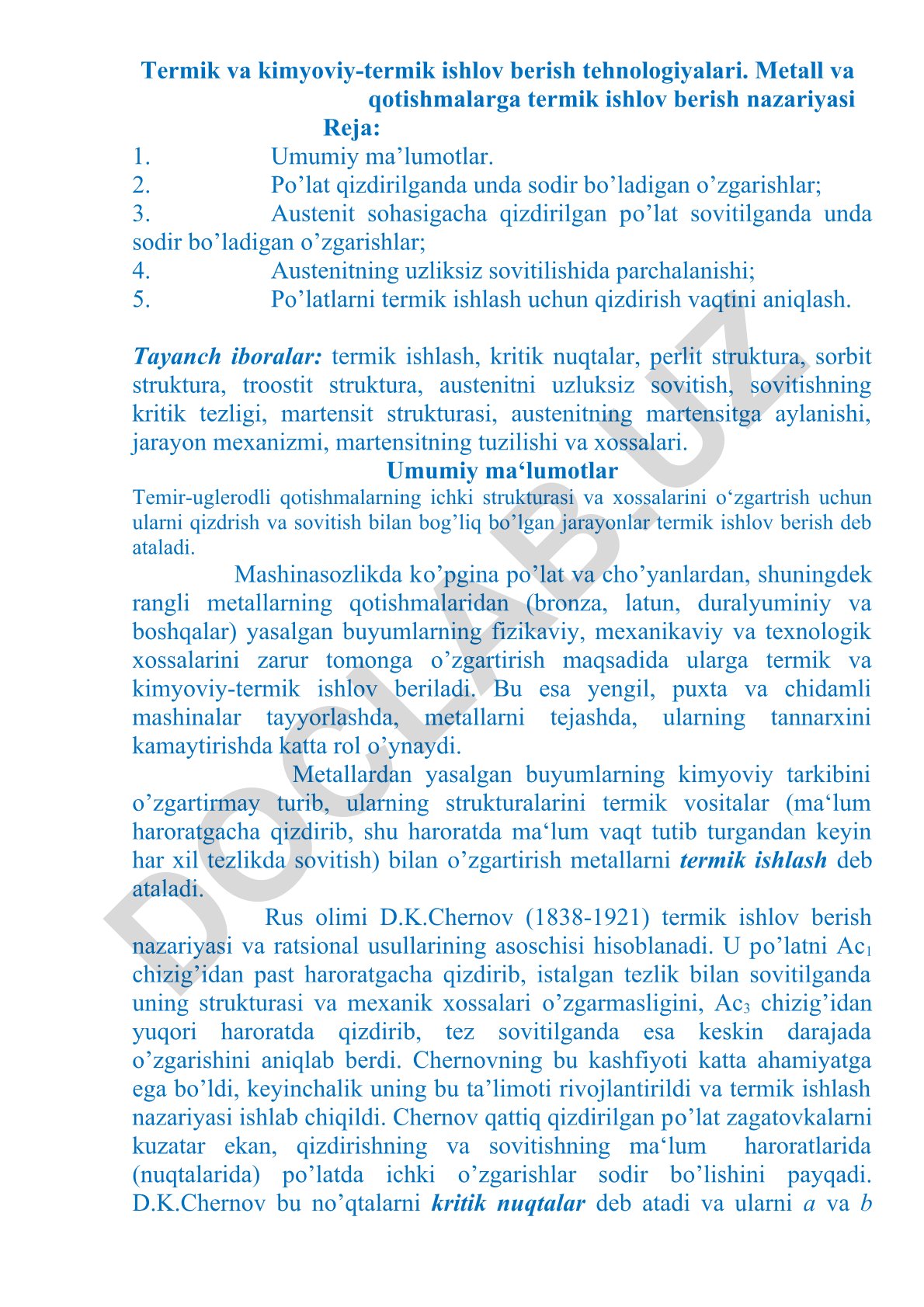 Termik va kimyoviy-termik ishlov berish tehnologiyalari