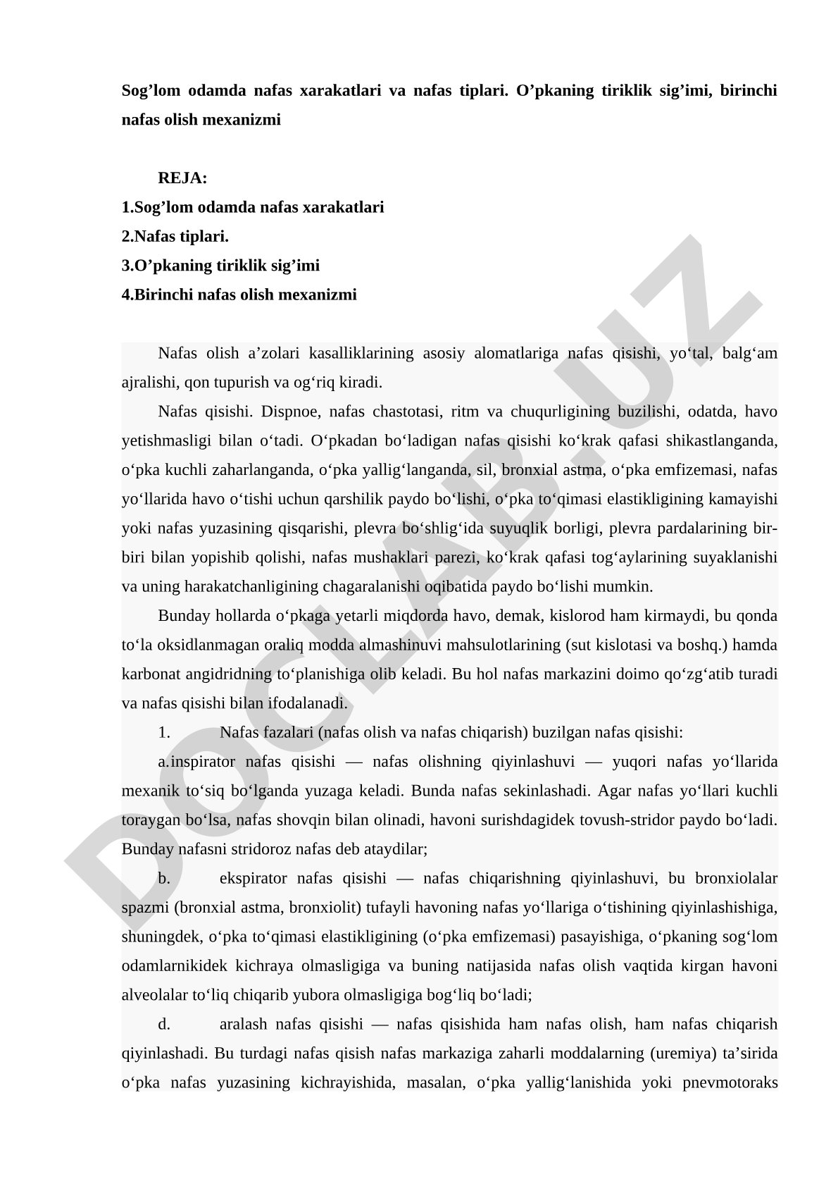 Sog'lom odamda nafas harakatlari va nafas tiplari. O'pkaning tiriklik sig'imi, birinchi nafas olish mexanizmi