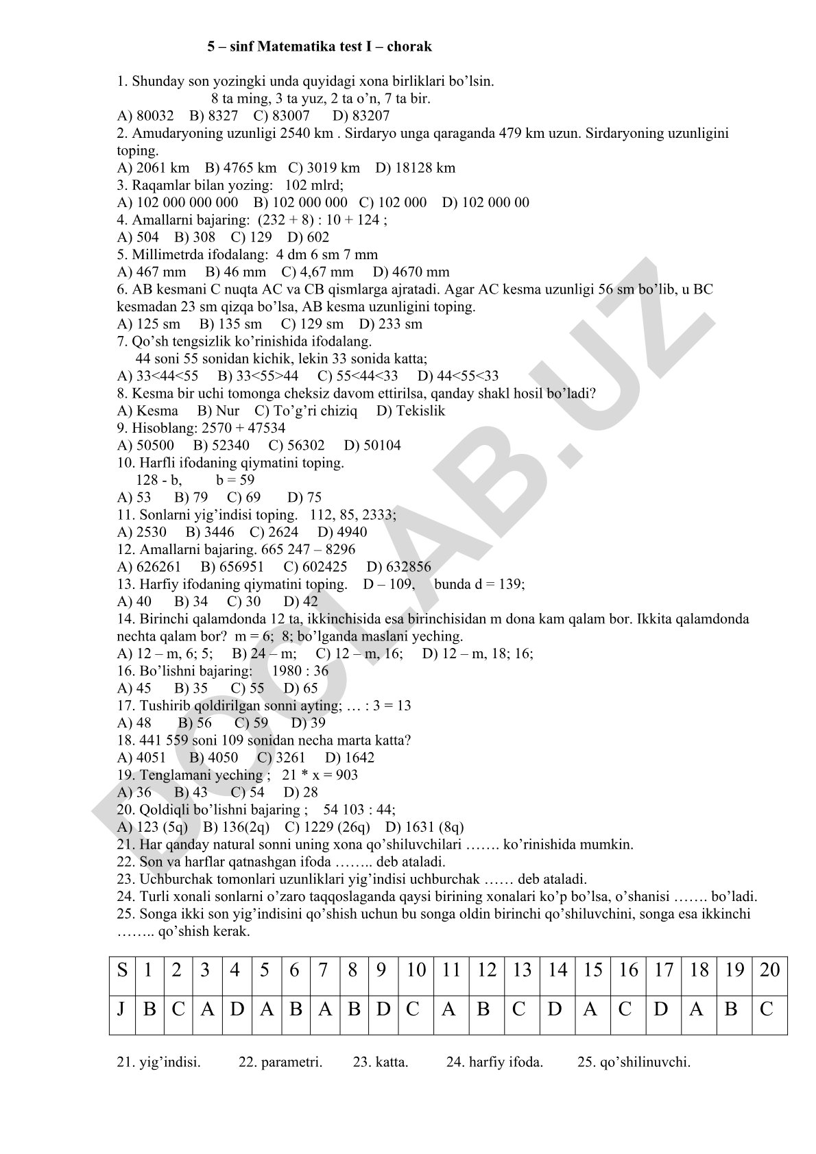 5-sinf Matematika testi I-chorak