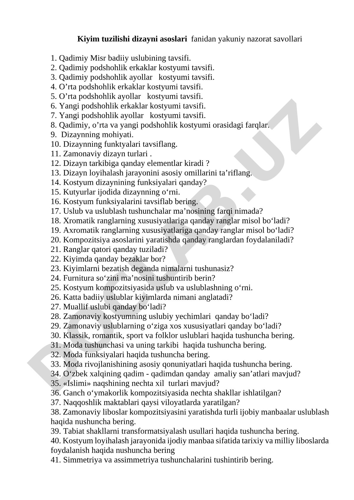 Kiyim tuzilishi dizayni asoslari fanidan yakuniy nazorat savollari