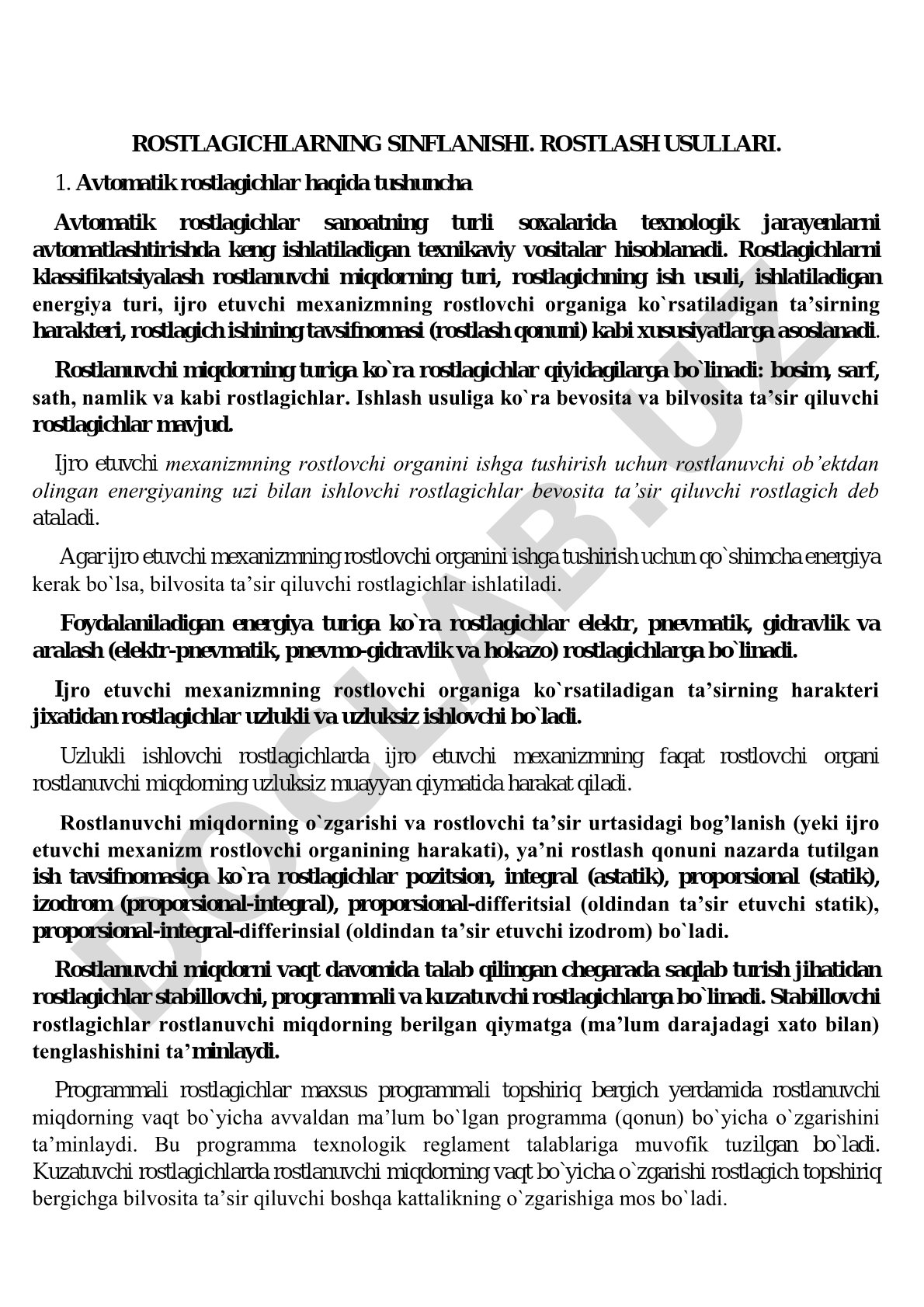 Rostlagichlarning sinflanishi va rostlash usullari