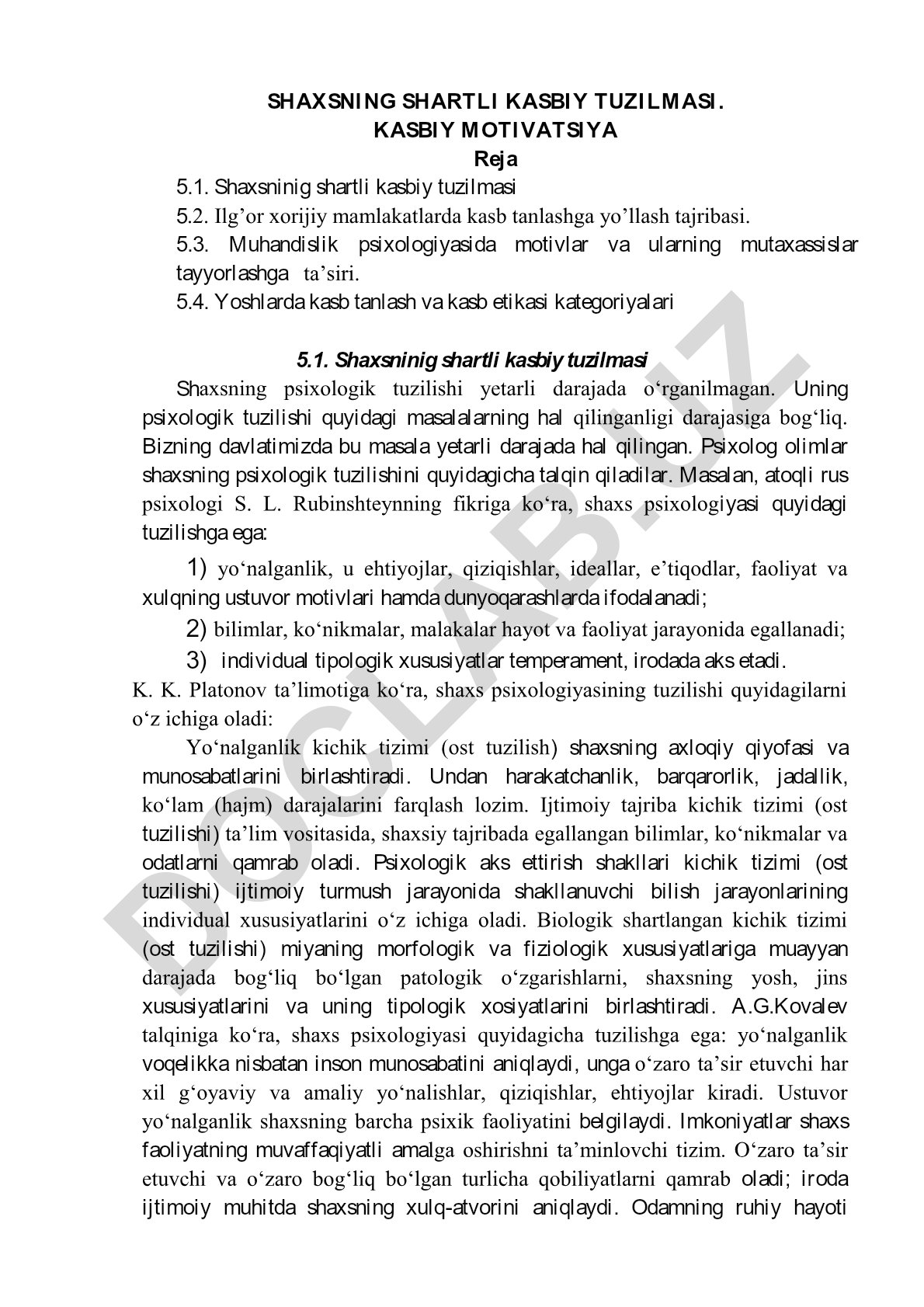 Shaxsning shartli kasbiy tuzilmasi va kasbiy motivatsiya