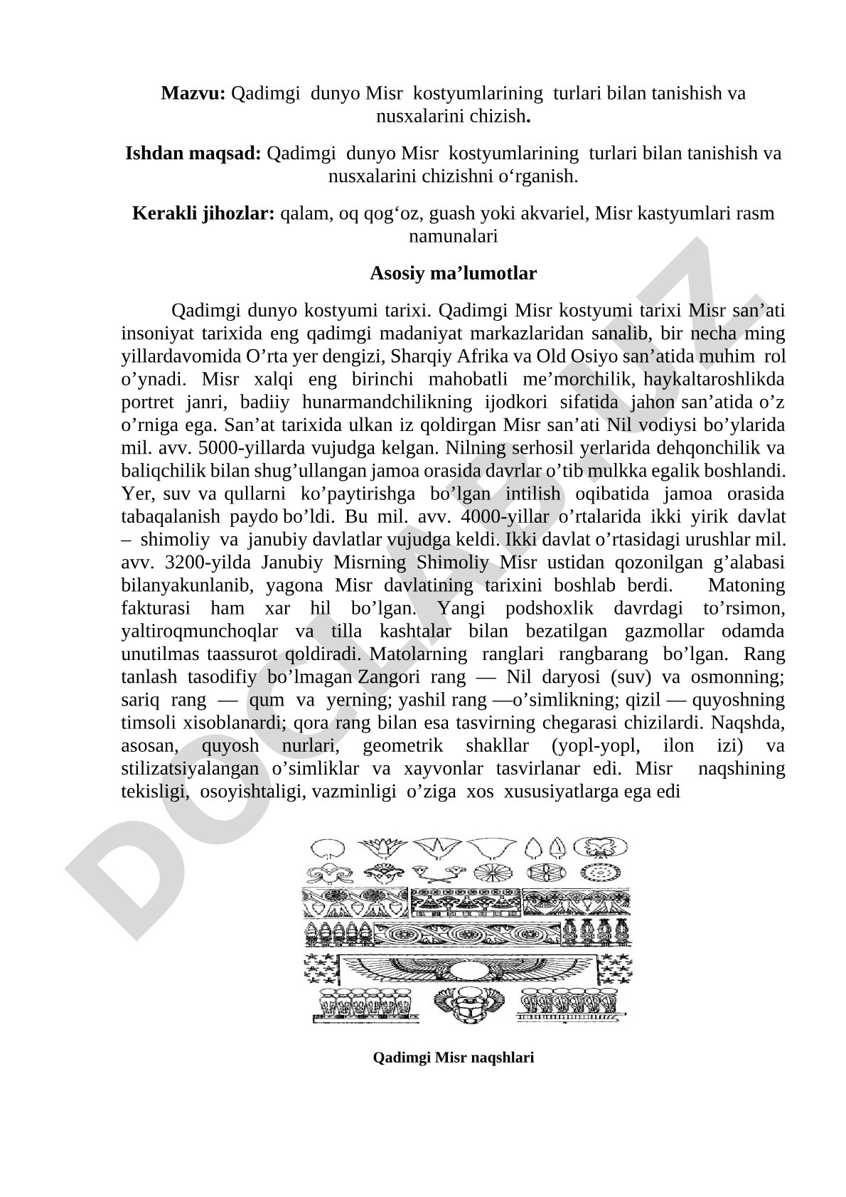 Qadimgi dunyo Misr kostyumlarining turlari bilan tanishish va nusxalarini chizish