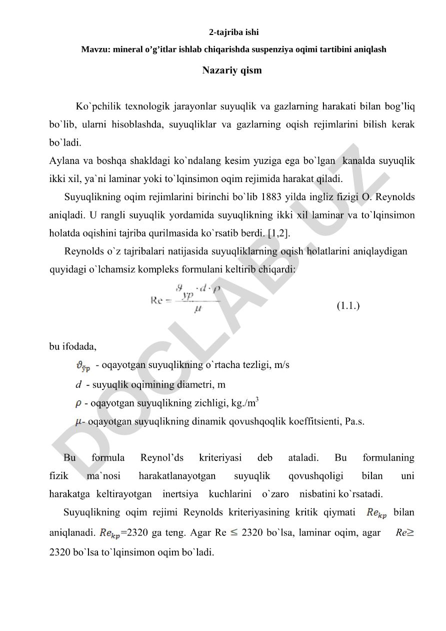 mineral o’g’itlar ishlab chiqarishda suspenziya oqimi tartibini aniqlash