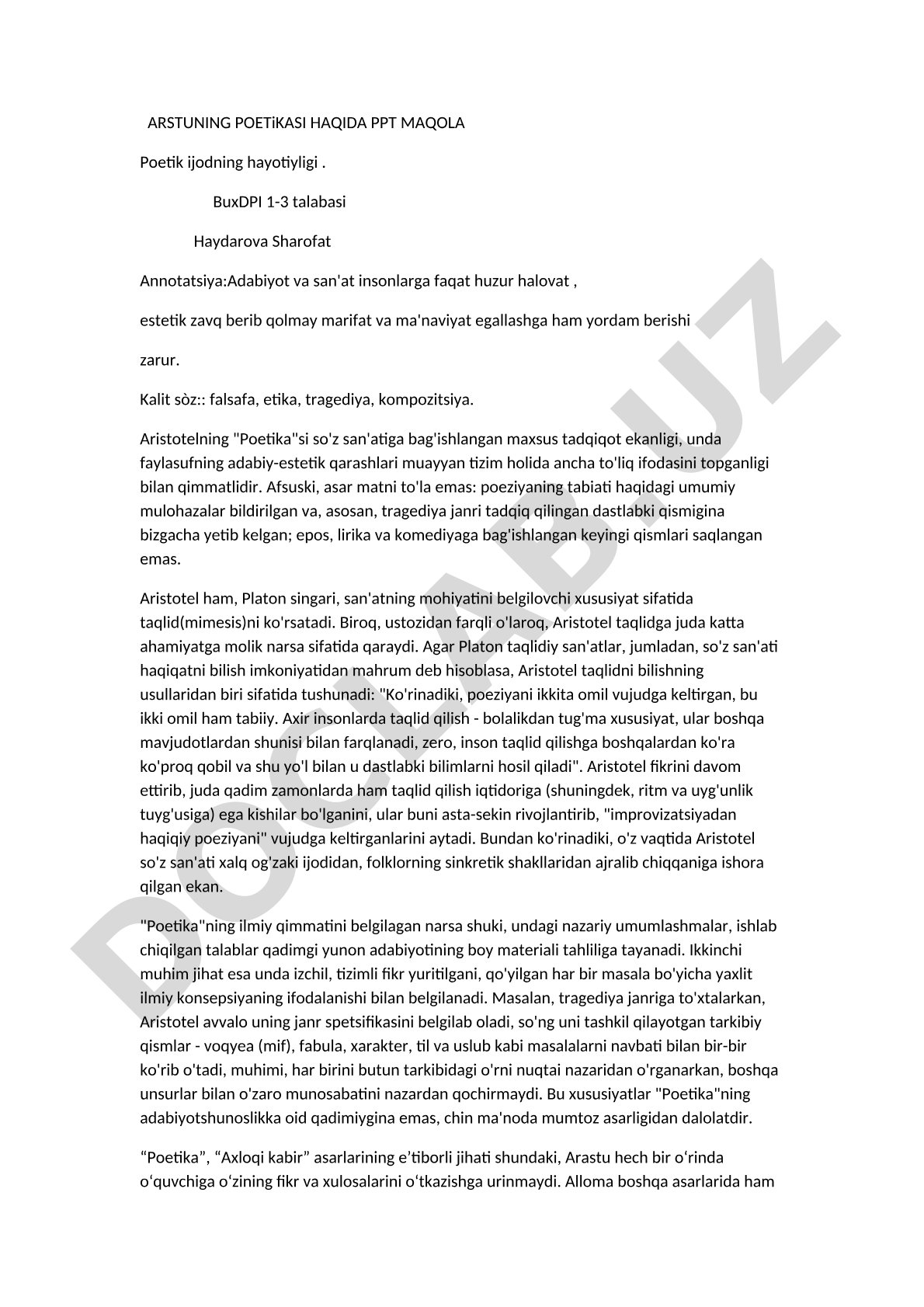 Aristotelning Poetika asari va mimesis tushunchasi