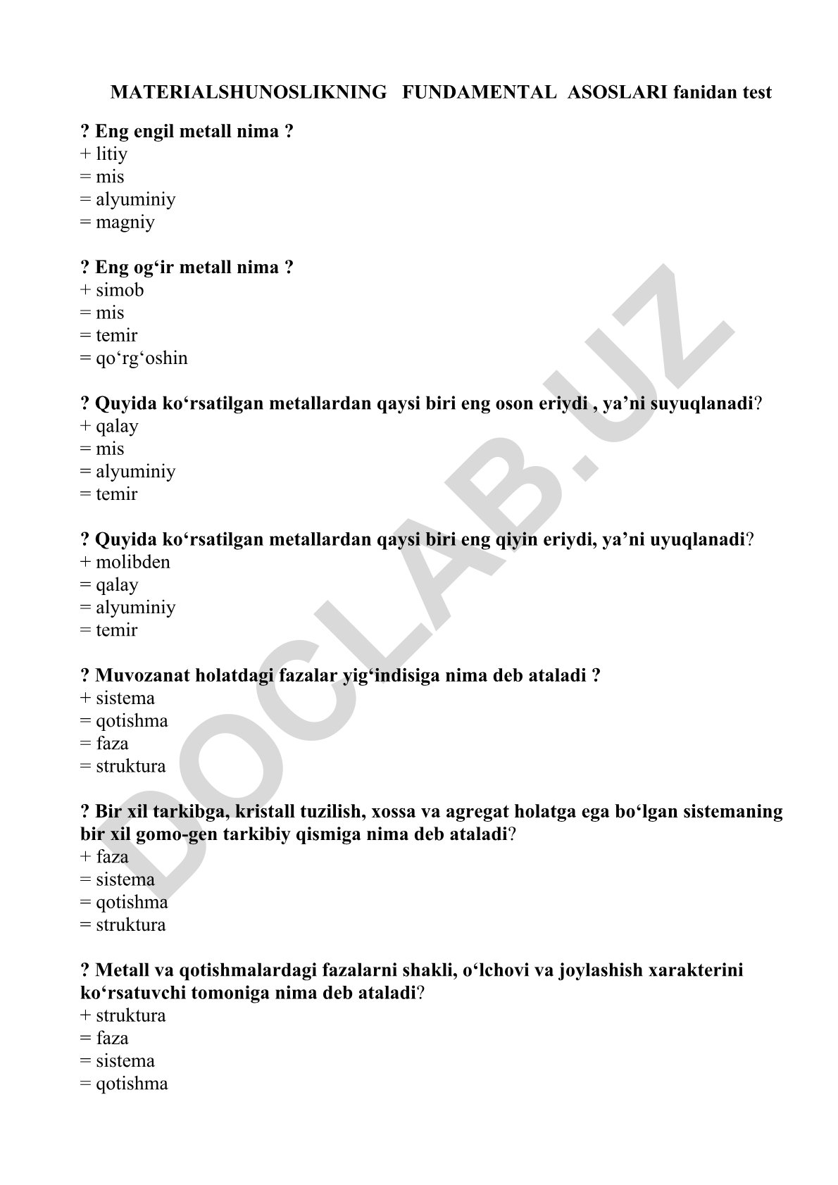 Materialshunoslikning fundamental asoslari fanidan test savollari