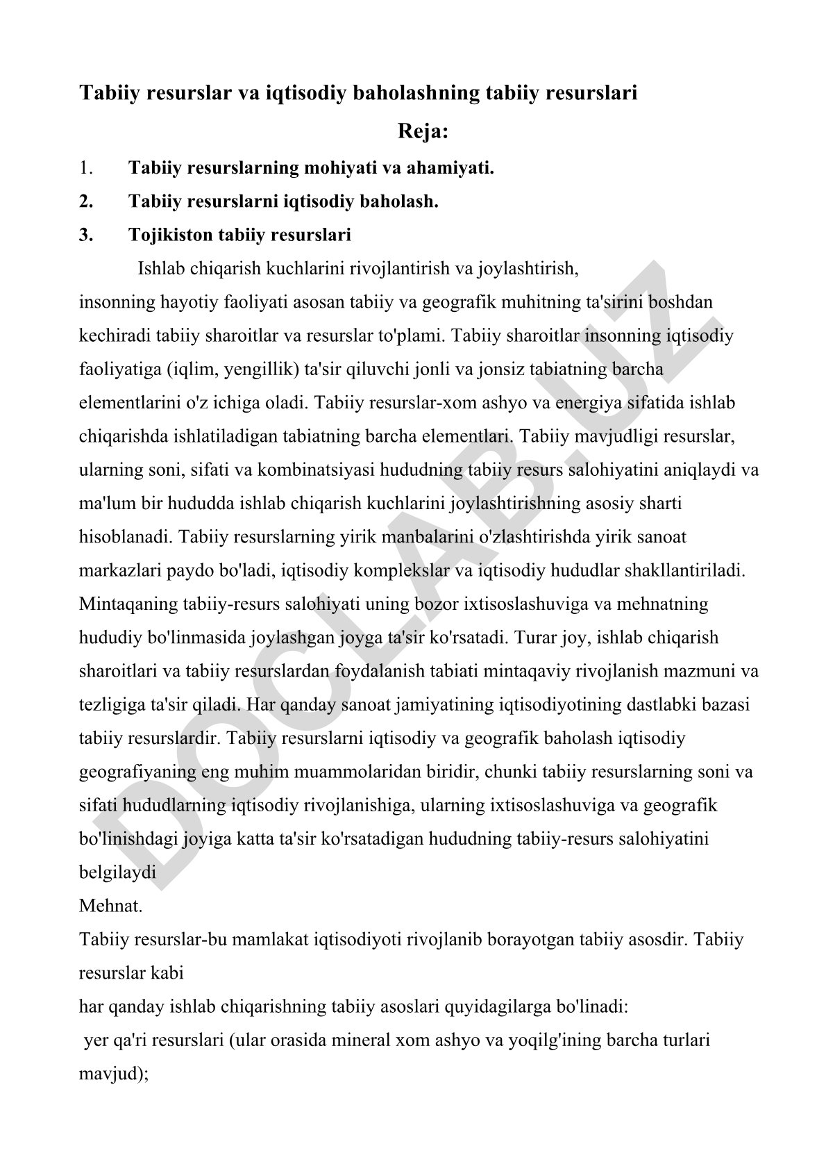 Tabiiy resurslar va iqtisodiy baholashning tabiiy resurslari