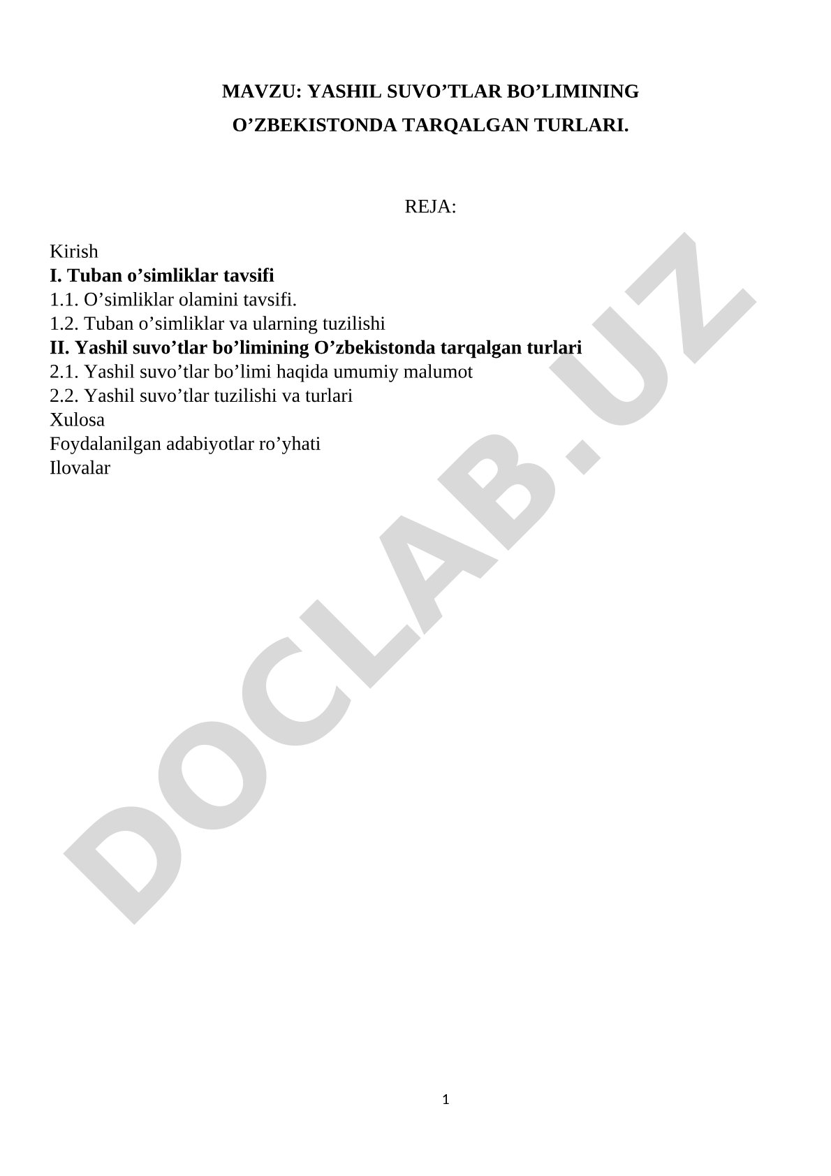Yashil suvo'tlar bo'limining O'zbekistonda tarqalgan turlari