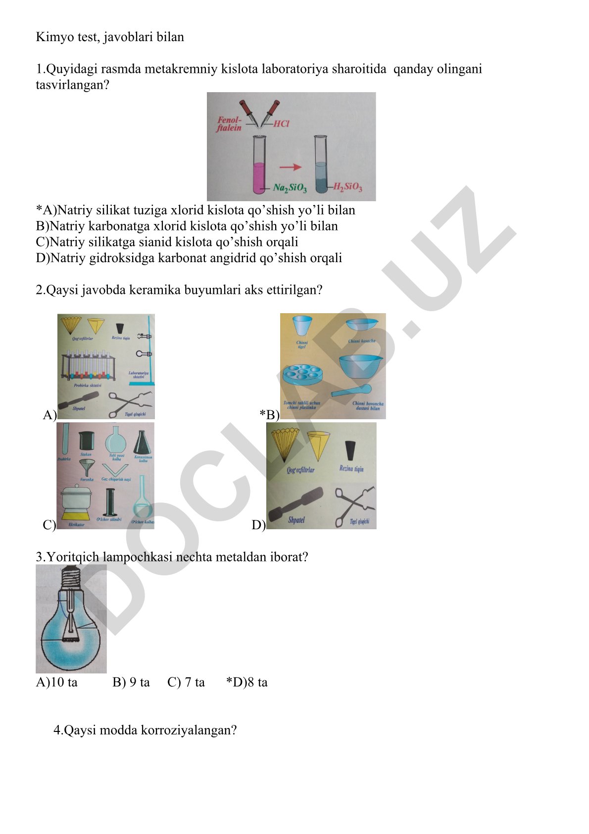 Kimyo fanidan test savollari va javoblari